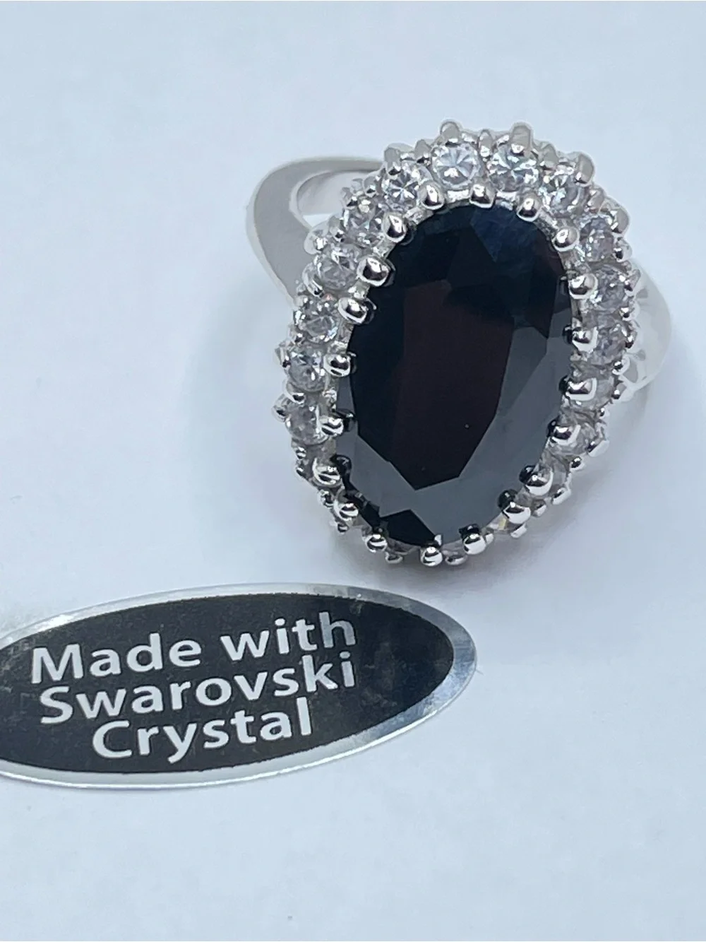 Onyx Black Diamond White Swarovski Crystals Oval Halo Ring Silver Statement Sz 7